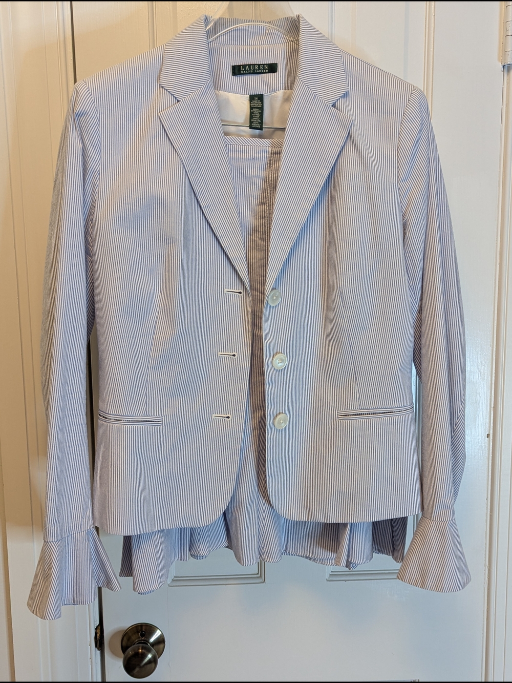 Lauren Ralph Lauren Blue Stripe Seersucker Ruffle Suit - Blazer And Skirt